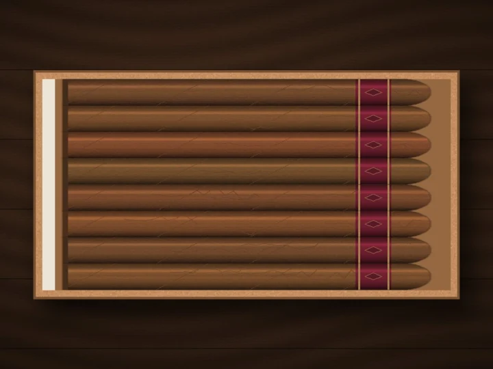 Open cedar box filled with a row of cigars