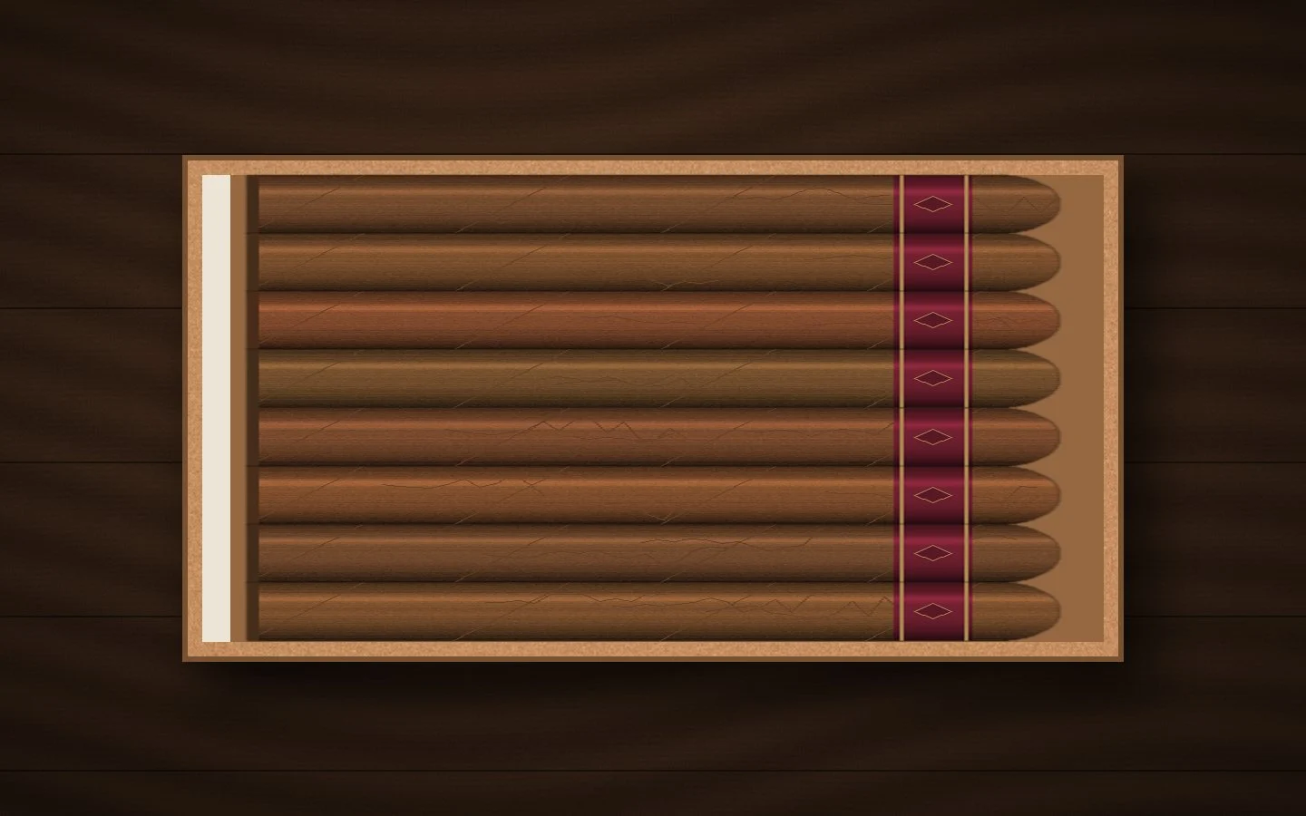 Open cedar box filled with a row of cigars