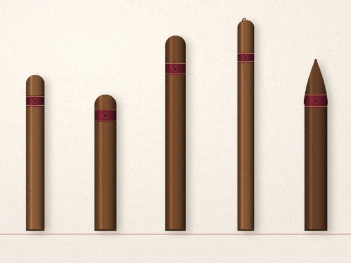 Five cigars of different sizes laid side by side