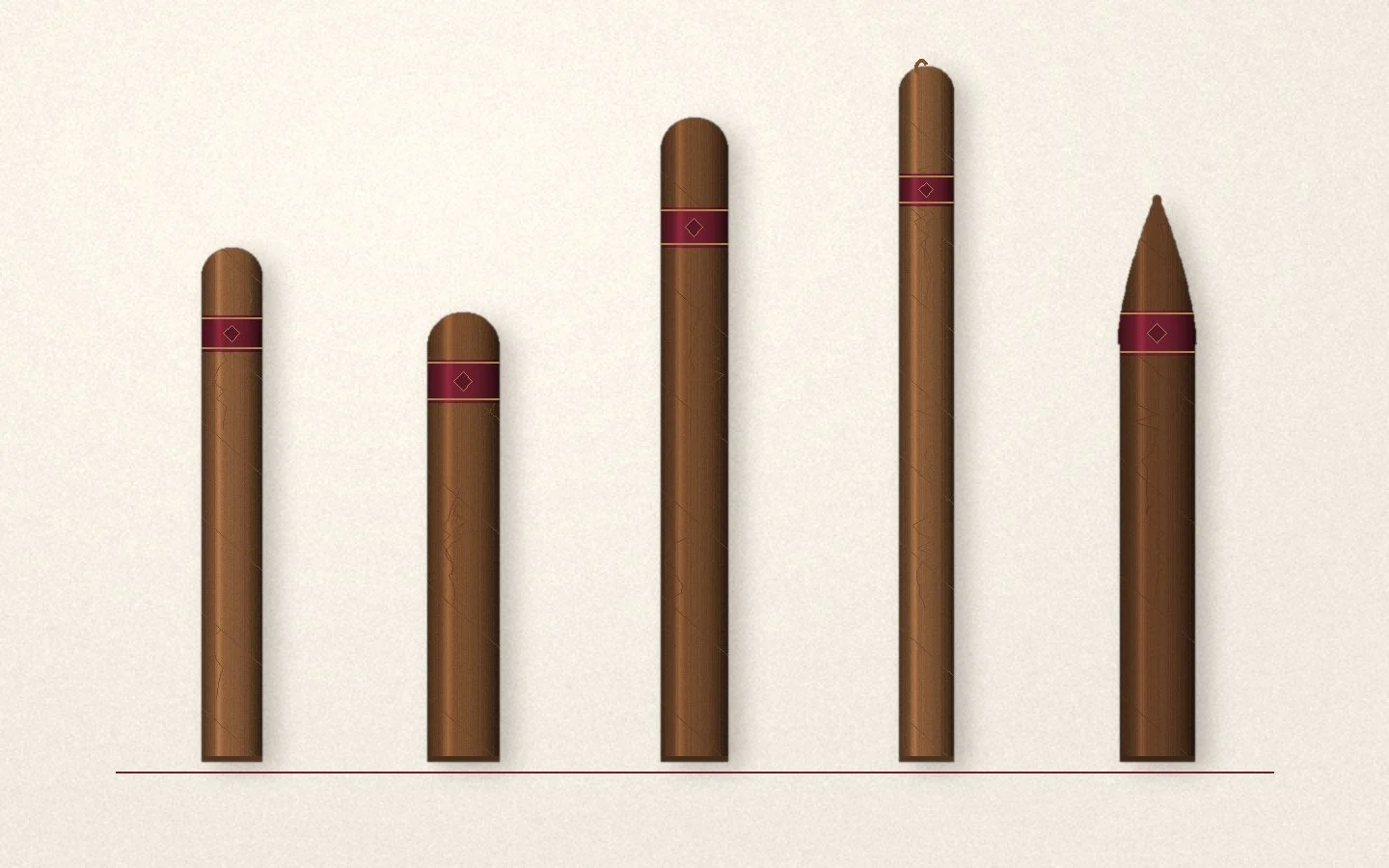 Five cigars of different sizes laid side by side